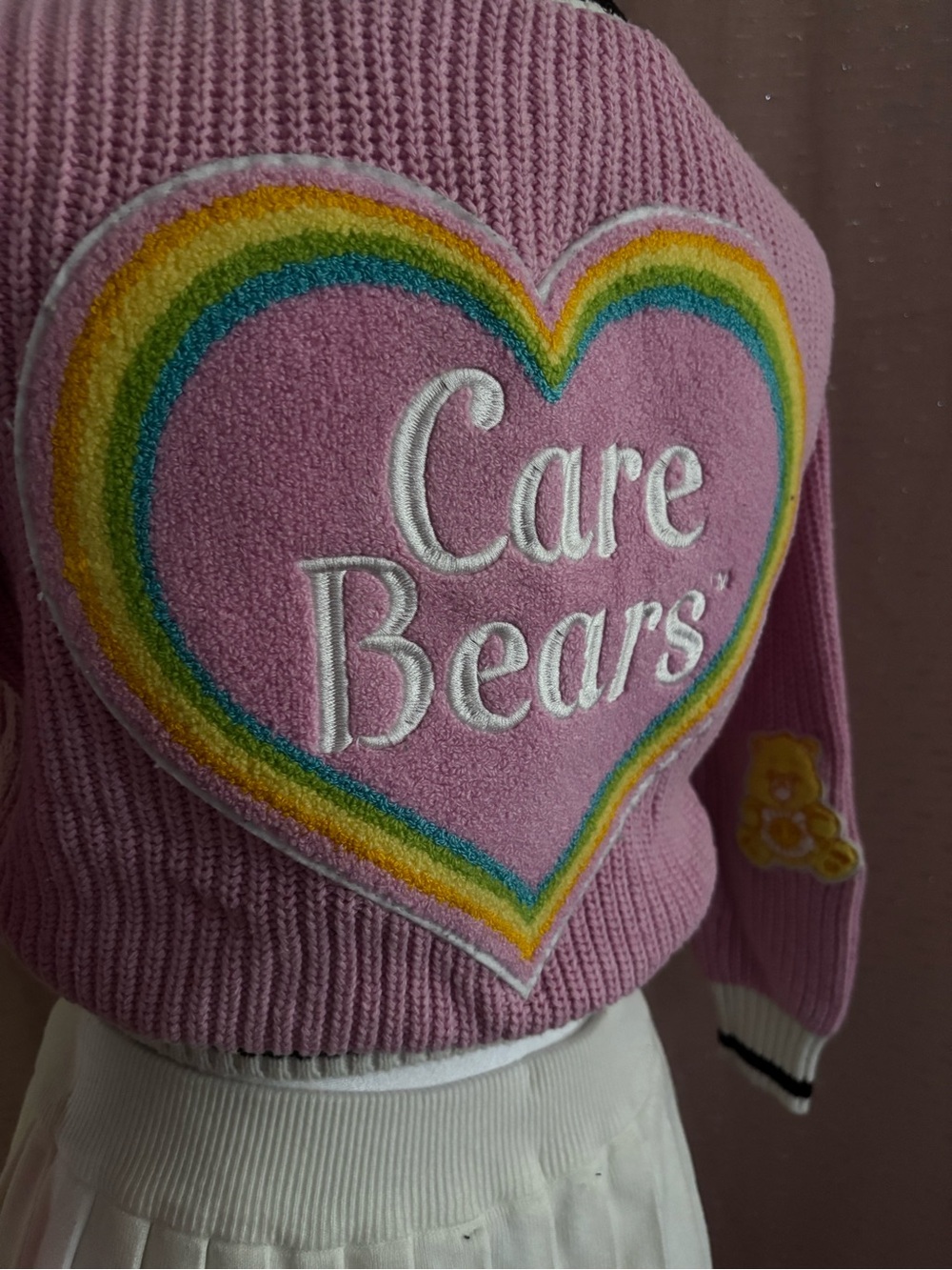 Care Bears Pink Heart Patch Knit Sweater with Rainbow Trim